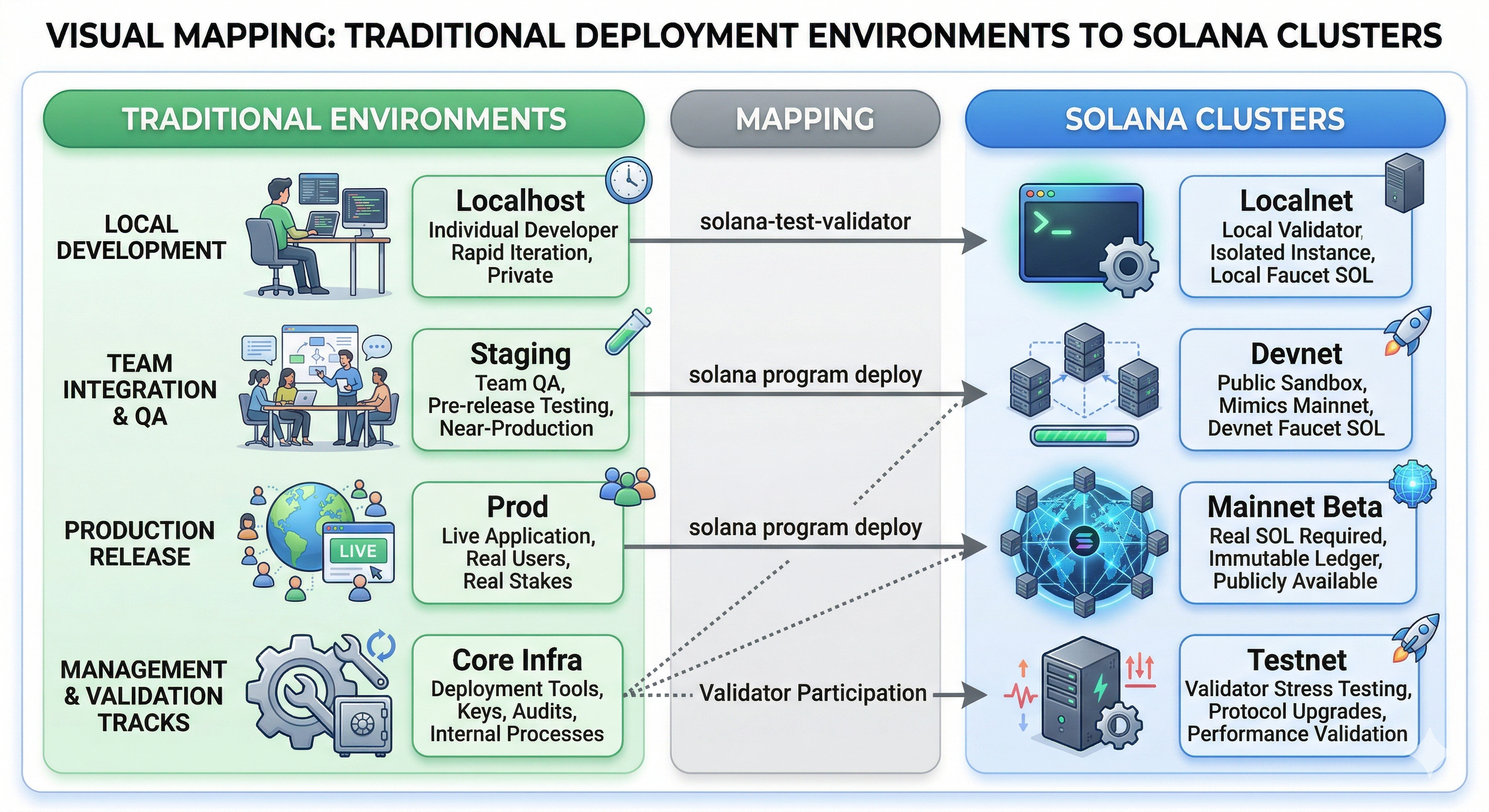 Mapping traditional deployment environments to solana clusters